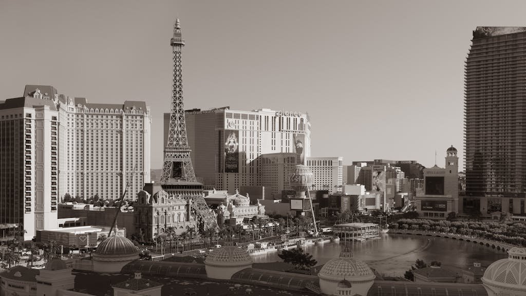 Terra Firma Las Vegas Bankruptcies Update photo of Las Vegas Strip featuring the Eiffel Tower replica and surrounding hotels.