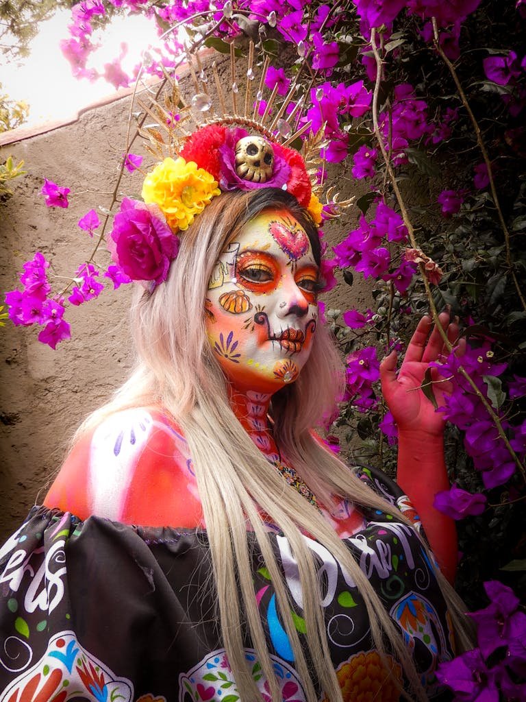  Ehi Vuoi da Bere of a woman in Día de Muertos makeup with floral headdress in Mexico City.