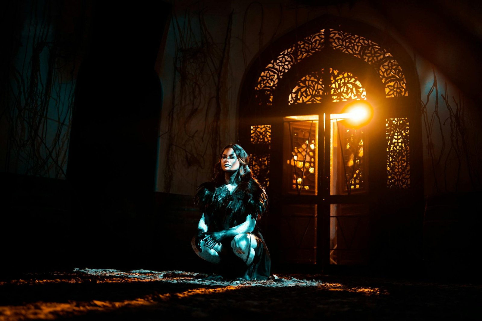 how to win in itmandoom17874 attire kneels in dramatic lighting with ornate door backdrop.