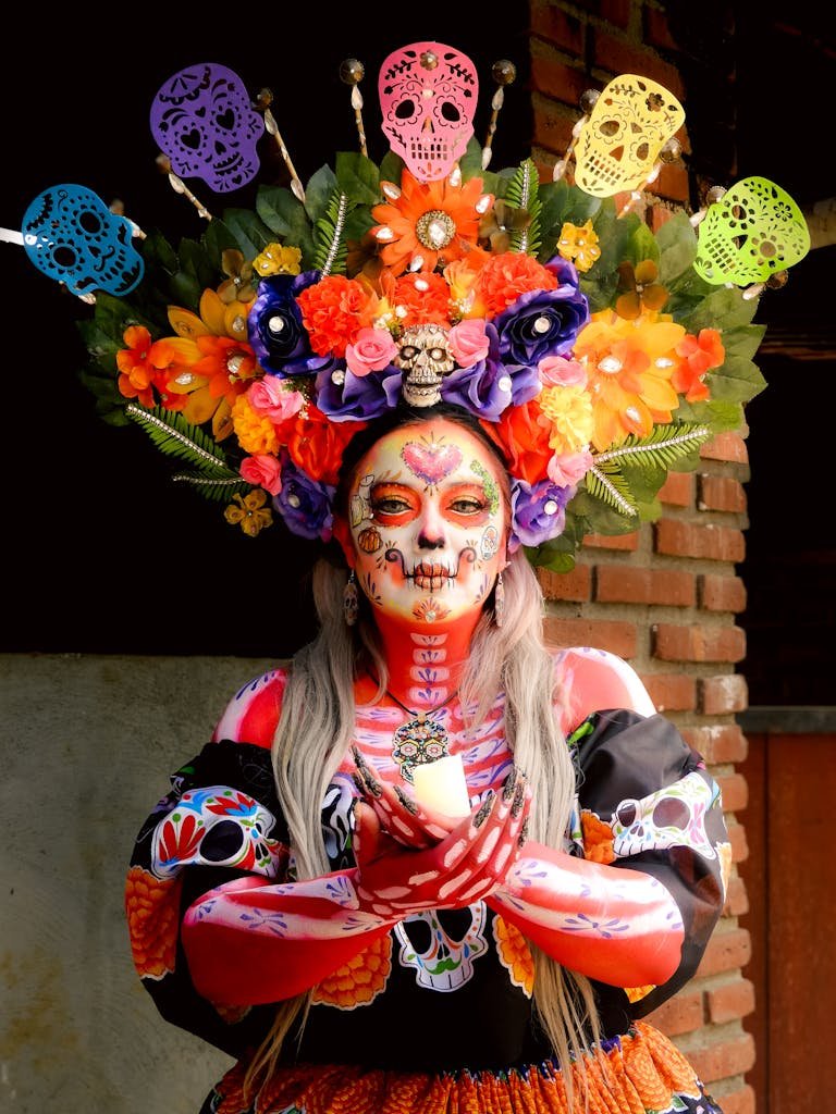 Ehi Vuoi da Bere with floral headpiece celebrating Día de Muertos in Mexico City.