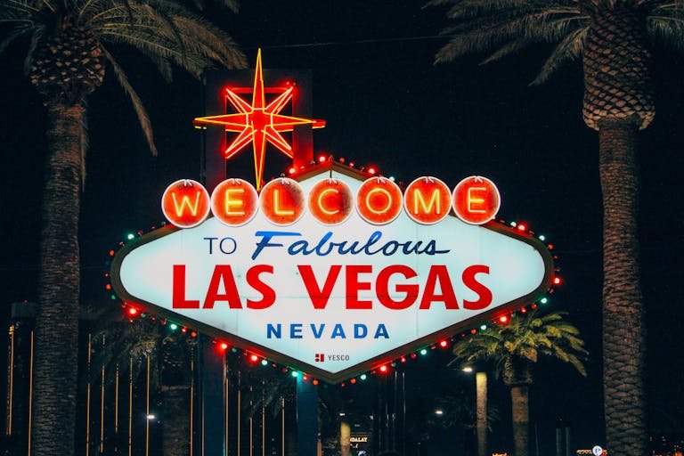 The iconic Welcome toTerra Firma Las Vegas Bankruptcies Update sign illuminated at night with palm trees in the background.